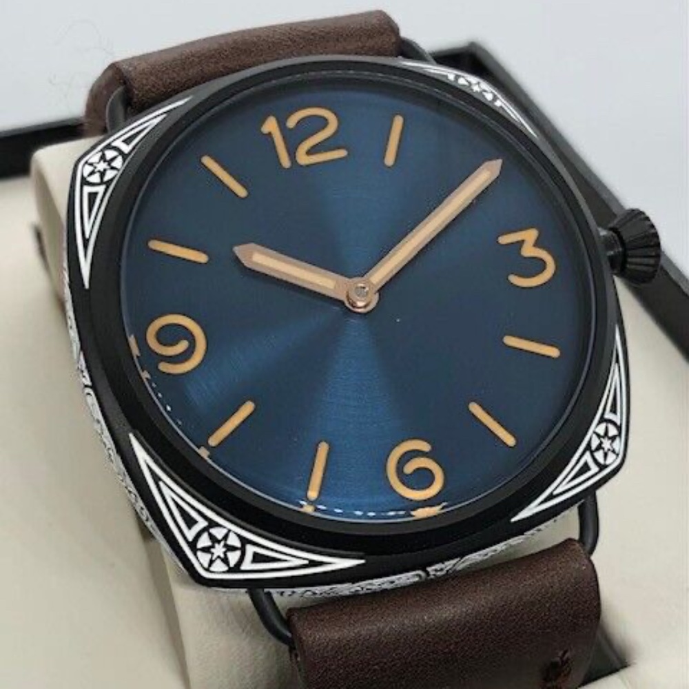 Vintage Military Custom Carved 47mm Blue Dial Mechanical Sterile Watch Brand New